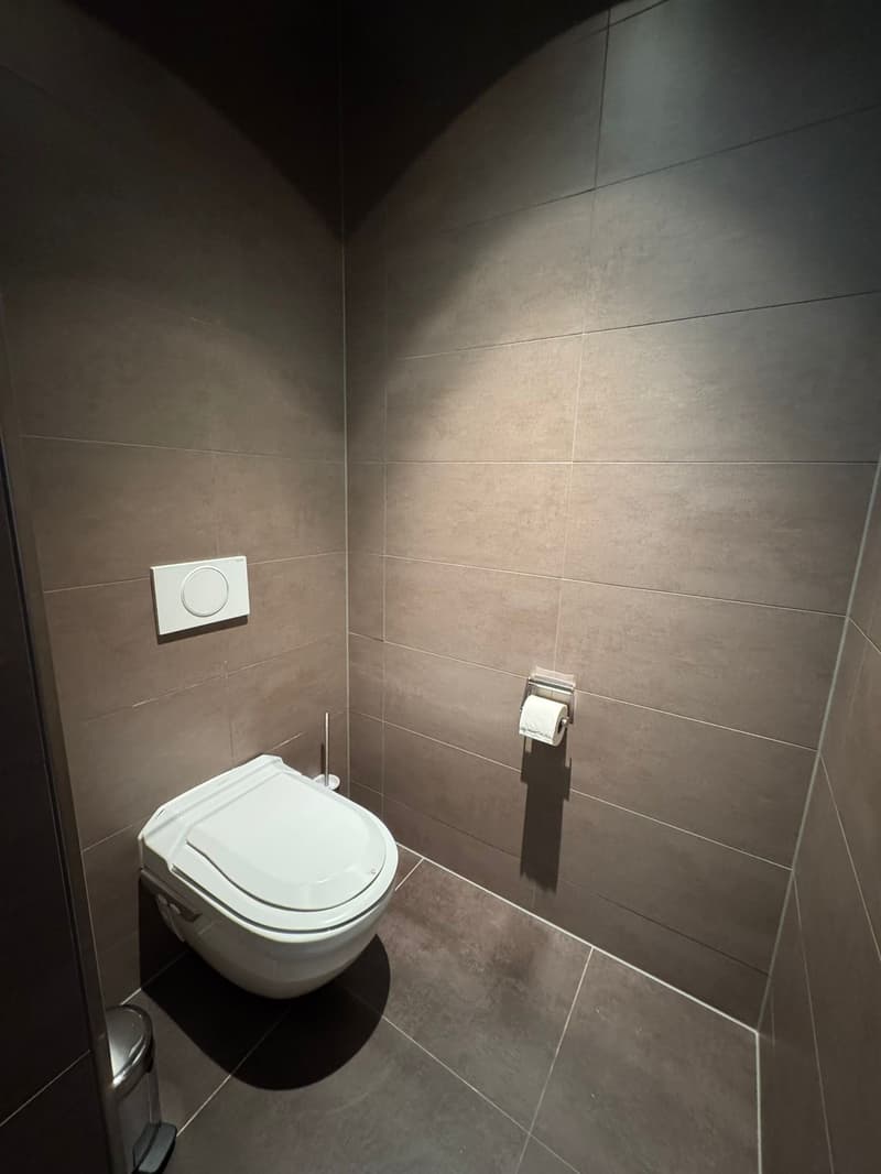 a small bathroom with white ceramic tiles and dark grout, a toilet, wall-mounted toilet paper holder