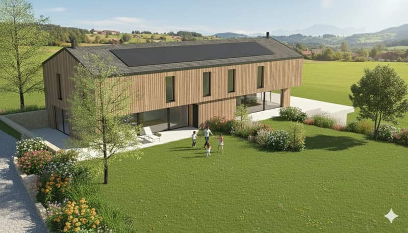 detached house, wooden exterior, large windows, solar panels, raised ground floor, swimming pool, garden
