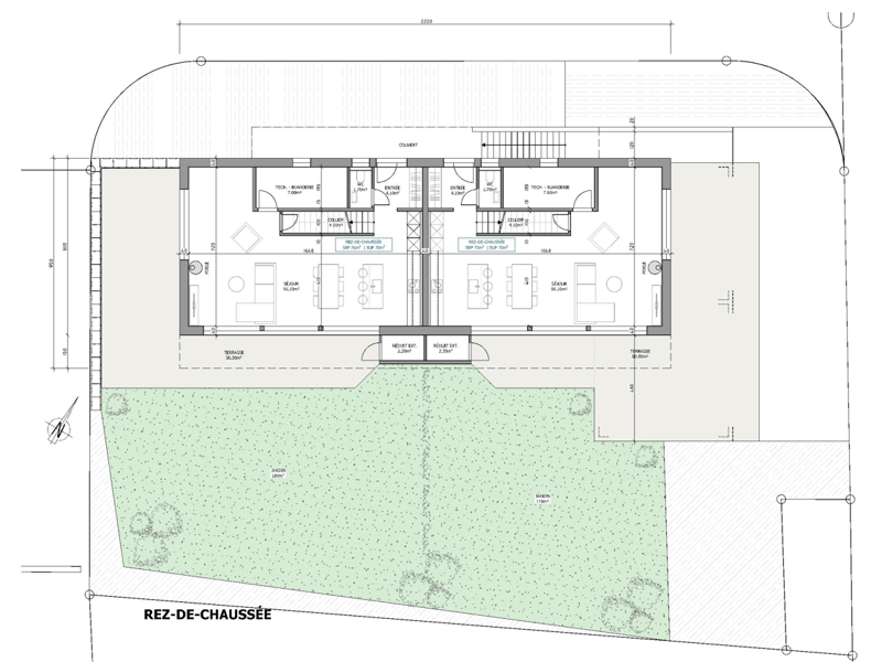 The floor plan shows a building with a ground floor and an upper floor. The ground floor includes a living room, kitchen, dining room, and two bedrooms with en-suite bathrooms. The upper floor has two more bedrooms with en-suite bathrooms. There is also a