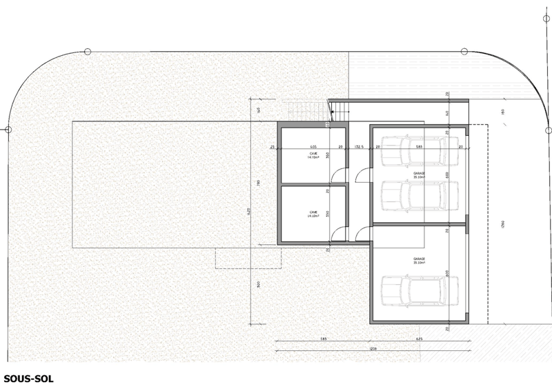 The floor plan shows a single-story house with a garage, parking spaces, a cave, and two rooms. The overall layout appears to be a simple and functional design.