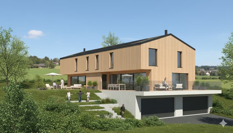 modern two-story house, wooden exterior, glass windows, balcony, garage, raised ground floor