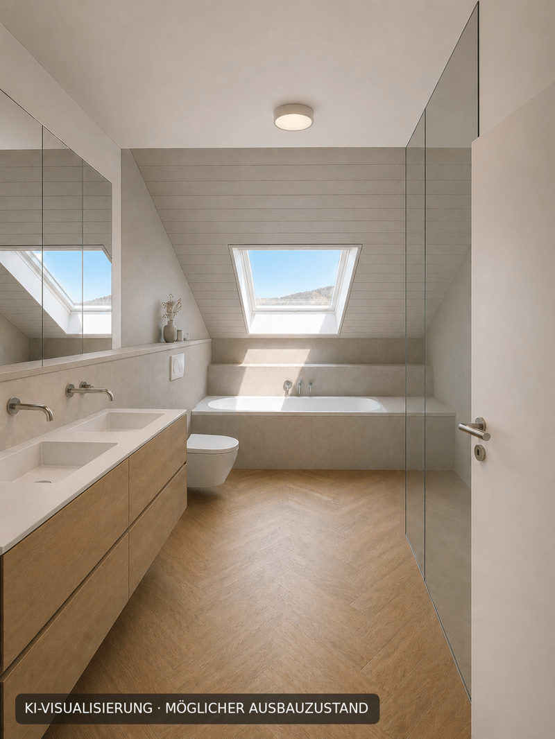 Badezimmer mit Badewanne und Dusche mit Glastrennwand und Tageslicht - virtuell möbliertt
