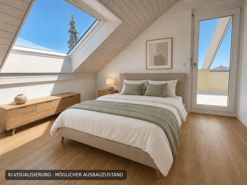 Schlafzimmer mit Ausgang zu Terrasse - virtuell möbliert