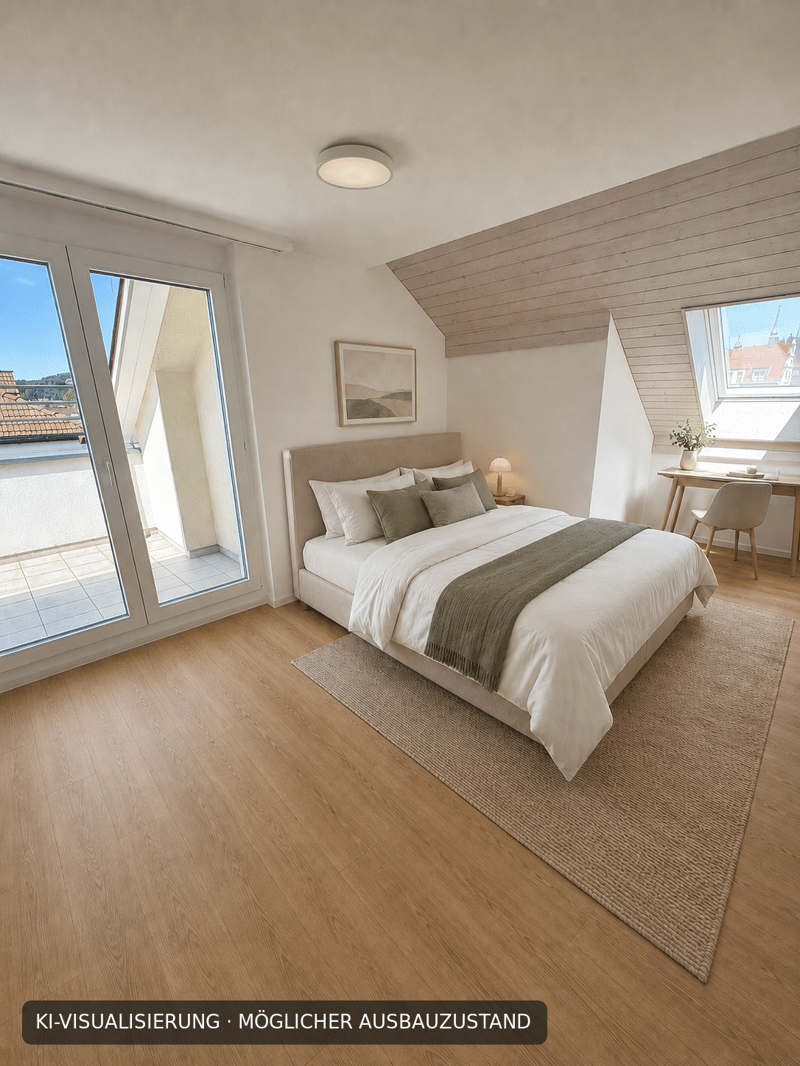 Schlafzimmer mit Ausgang zu eigener Terrasse - virtuell möbliert