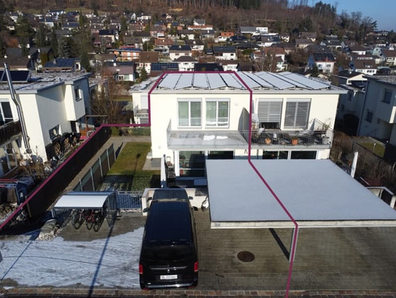 2 story house, white color, solar panels on the roof, covered parking area, bicycle parking, panoramic view of the surrounding area