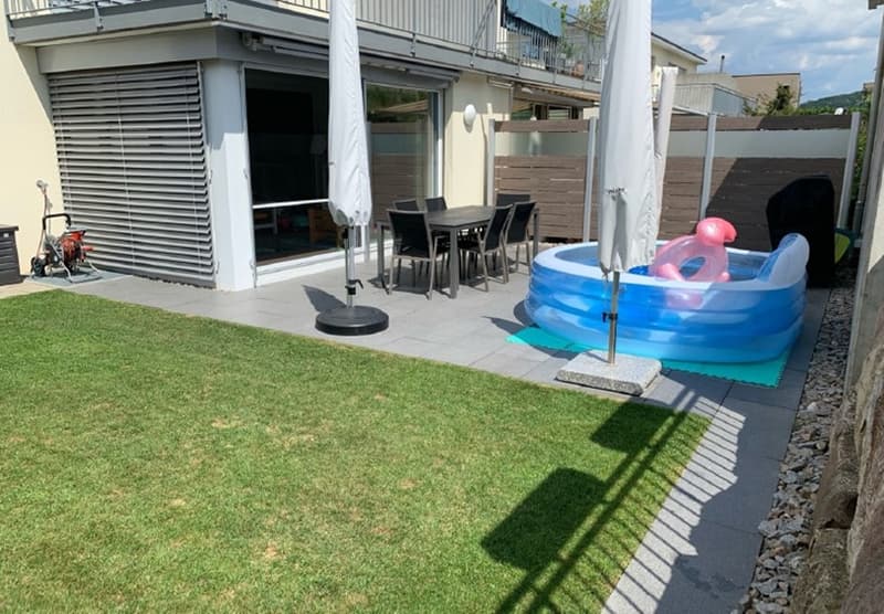 patio, backyard with small pool, table and chairs, greenery, grass, paved area