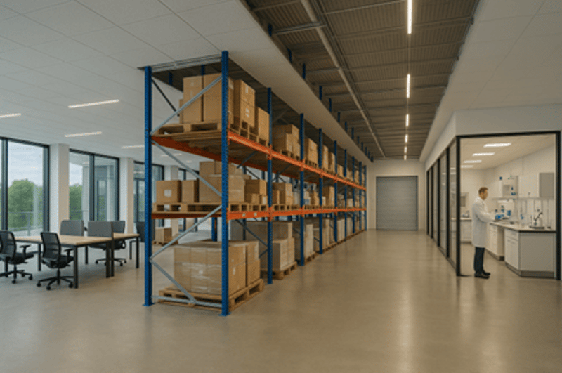 High-tech storage area, multiple rows of pallet racks filled with boxes, large windows, modern office furniture, person in lab coat, industrial lighting