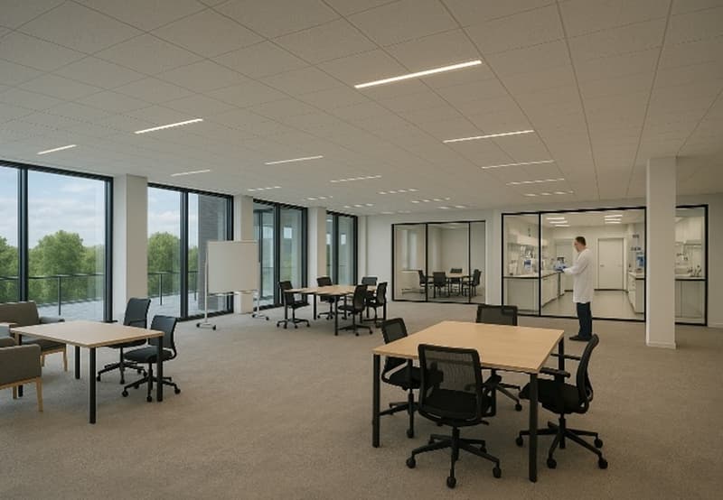 modern and open space with large windows, glass doors, white ceiling, large tables, and chairs