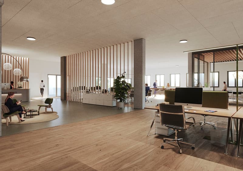 Modern office space with wooden flooring, large windows, and vertical dividers, featuring a reception desk, seating area, desk, and large monitor.