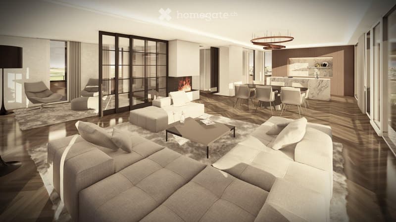 modern design, fireplace, large windows, dining table, white furniture, wooden floor