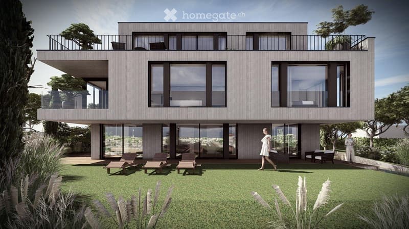 Modern house, 3 floors, large windows, balcony, garden, lounge chairs