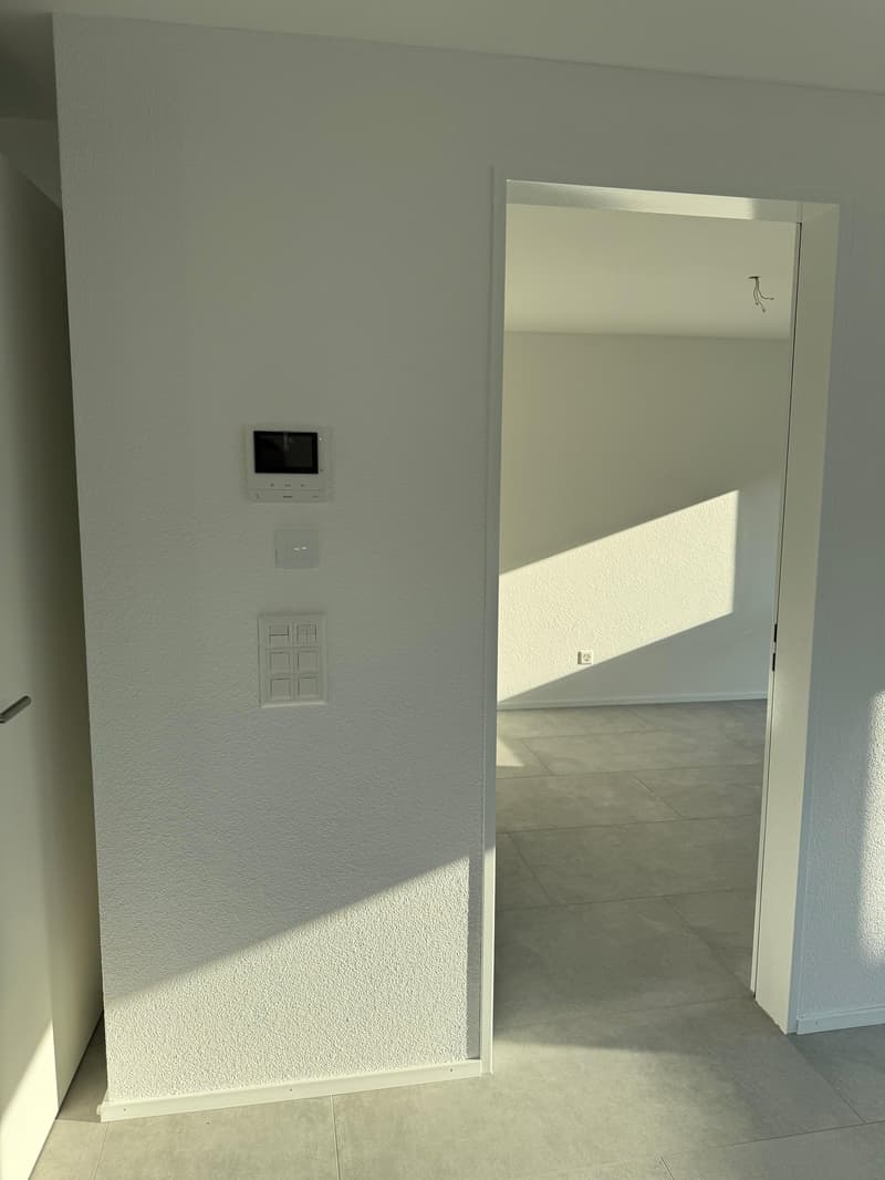 Empty room with white walls, gray floor, control panel, switches, and an open door.