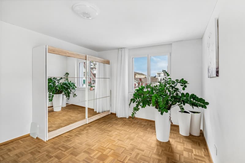 empty room, wooden floor, large mirror, white walls, white curtains, plants, window