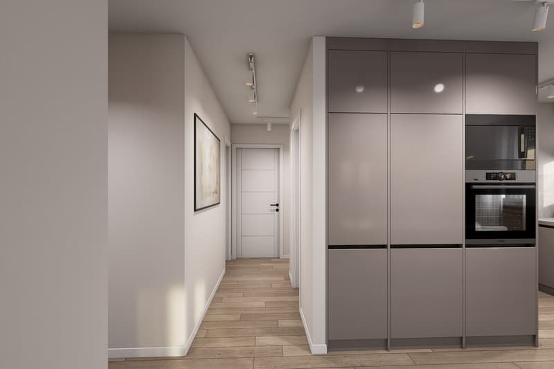 modern kitchen with wooden floor, gray cabinets, built-in oven and microwave, white walls, track lighting