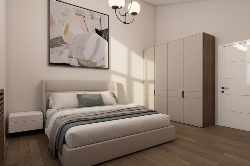 modern bedroom with a bed, nightstands, wardrobe, and a painting on the wall