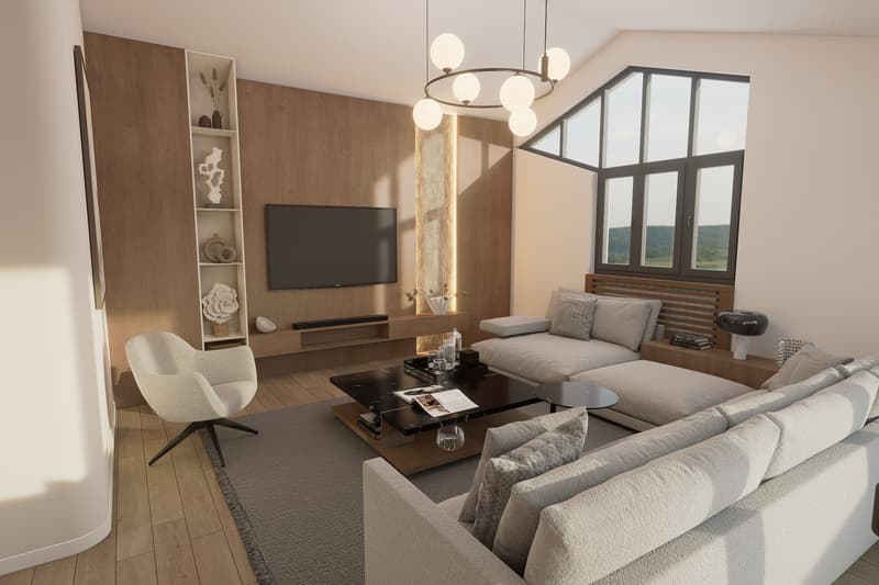 modern living room with wooden floor, large windows, sofa, coffee table, TV, shelves, chandelier
