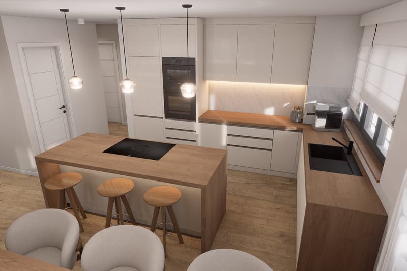 modern kitchen with wooden island, induction stove, wooden cabinets, white countertops, wooden stools, white chairs, hanging lamps, white door, white walls, wooden floor