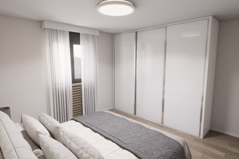 modern bedroom with white walls, wooden floor, large bed, white curtains, white wardrobe, ceiling light