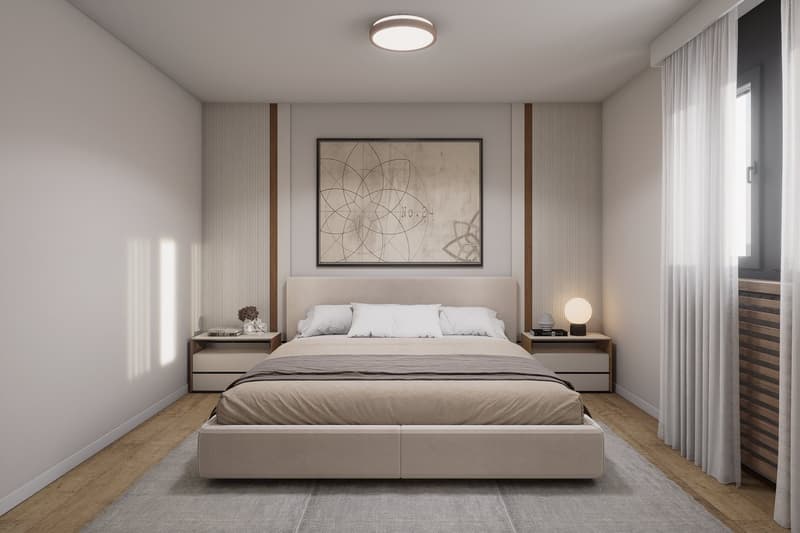 modern bedroom with a large bed, nightstands, a picture frame, and a ceiling light
