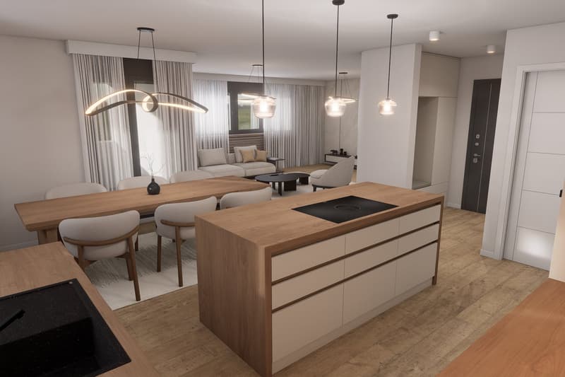 Open plan kitchen and living room, dining table, couch, island with stove, wooden floors, pendant lights
