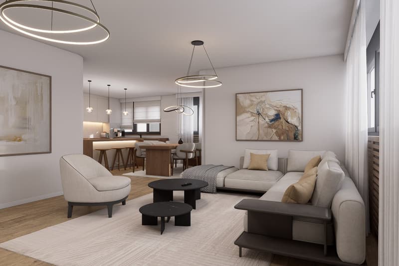 modern design, white walls, wooden floor, large windows, open kitchen, dining area, sofa, coffee tables, armchair, artwork, pendant lights