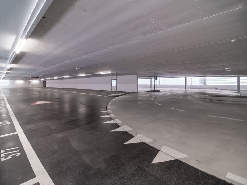 Empty parking lot, white markings, high ceiling, concrete floor, road signs, lights on ceiling