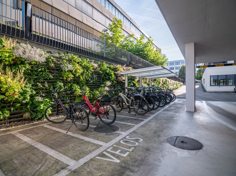 a covered parking area with a green wall and bicycles parked