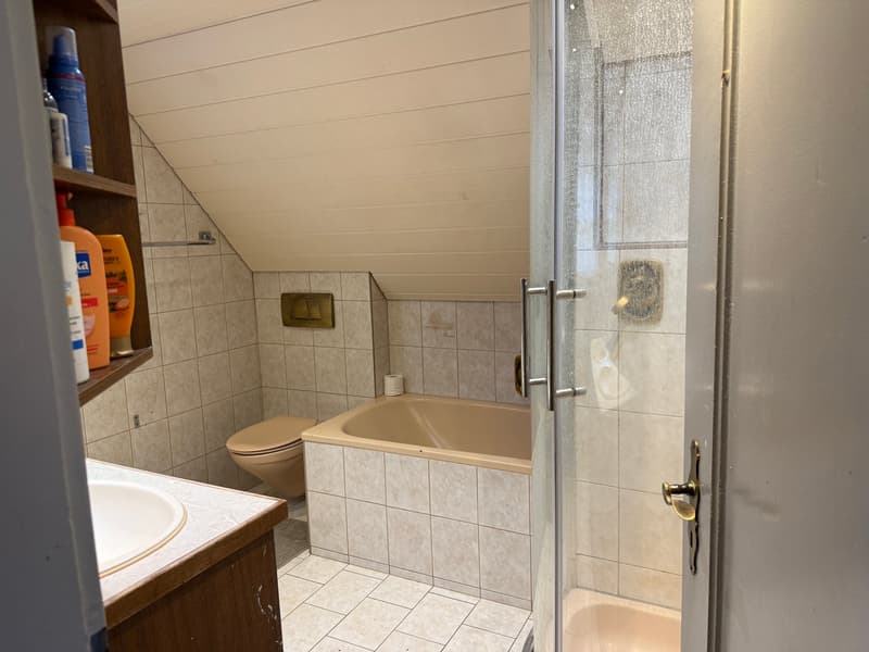 Badezimmer mit Badewanne und Dusche mit Sanierungsbedarf