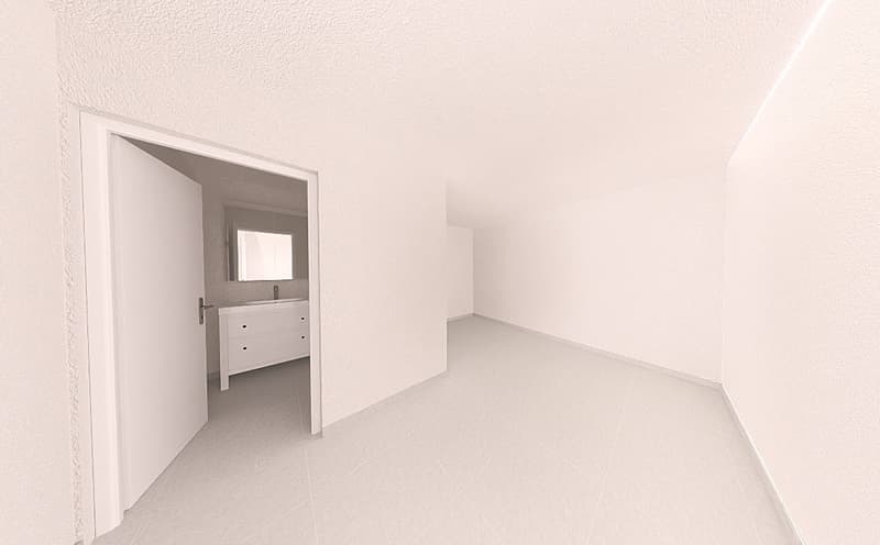 Empty room, white walls, white floor, open door, white cabinet, sink, mirror