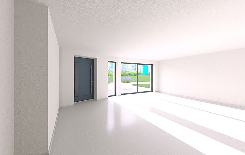corridor, glass sliding door, white tile floor, open space