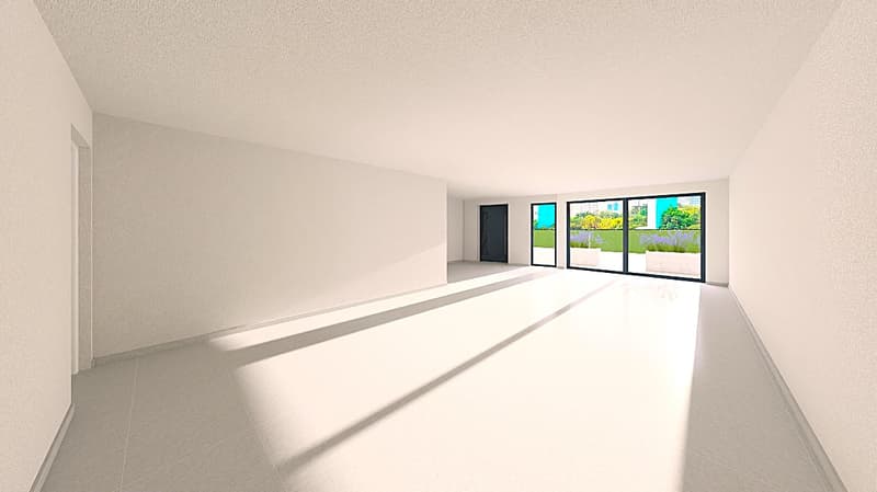 Large room with sliding glass doors to a balcony with a view of the garden and vegetation