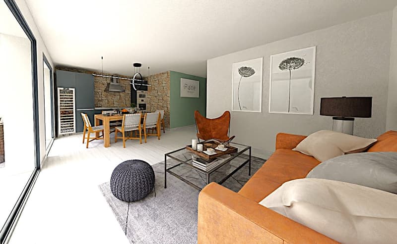 open-plan living and dining area, large windows, open kitchen, dining table with chairs, stone wall