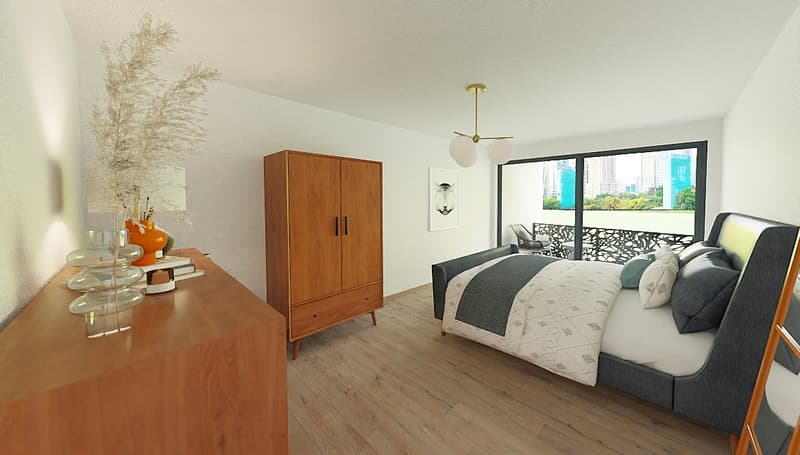 Bedroom with wooden floor, large windows, modern furniture, bed, nightstand, and balcony with outdoor view