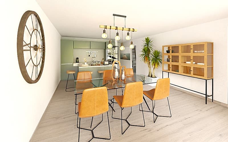 Dining room with glass table, wooden floor, large round clock, plants, open kitchen