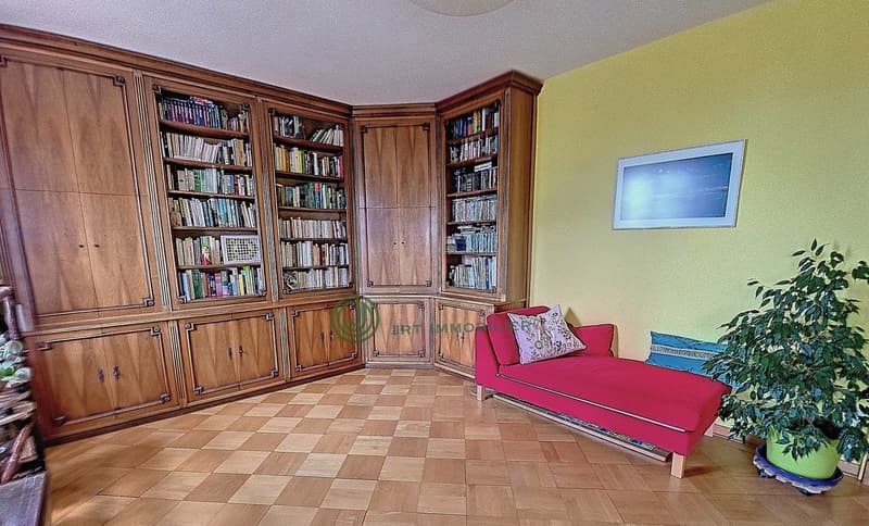 wooden floor, yellow walls, built-in bookshelf, couch, pillows, potted plant