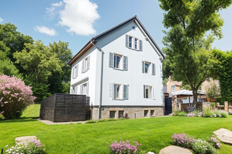 2 story house, white exterior, raised ground floor, large windows, garden, trees, flowers