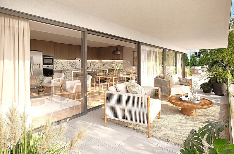 modern living room with glass walls, wooden floor, white furniture, kitchen, dining area, balcony