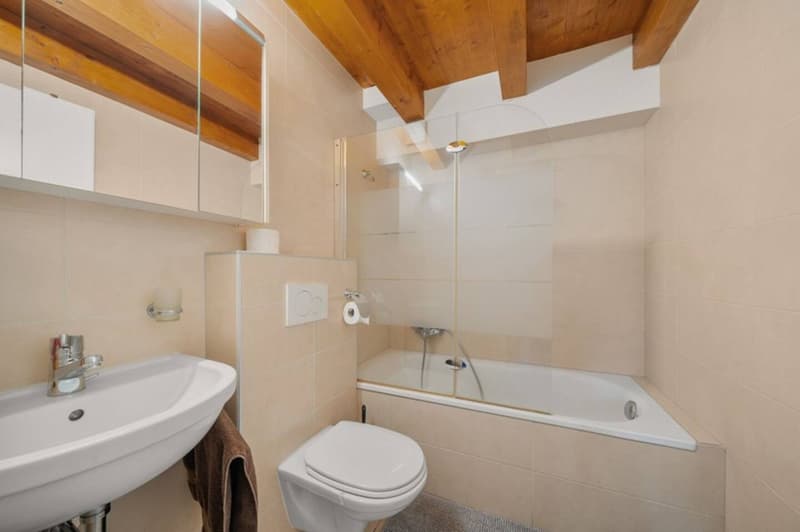 white sink, toilet, corner bathtub, wooden ceiling, glass door enclosure, towel