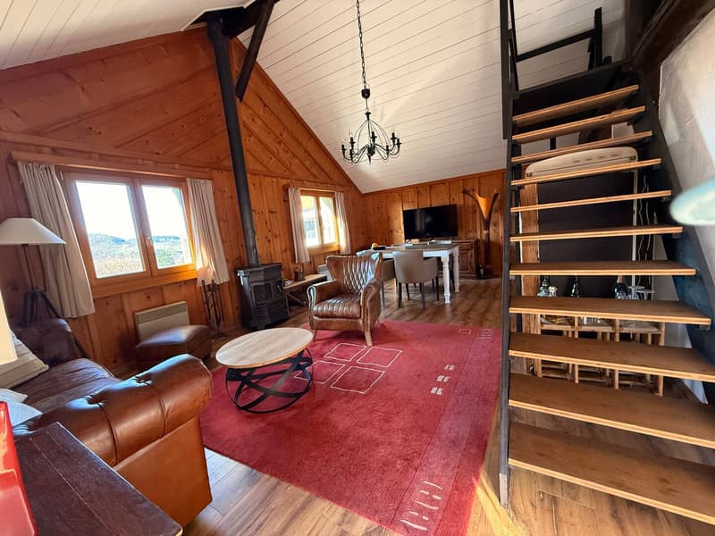wooden ceiling, wooden walls, living area, fireplace, sofa, dining table and chairs, TV, wooden coffee table, staircase, window