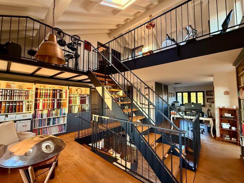 Open-plan living space, wooden floors, spiral staircase, balcony, large windows, study area with desk and books, decorative items