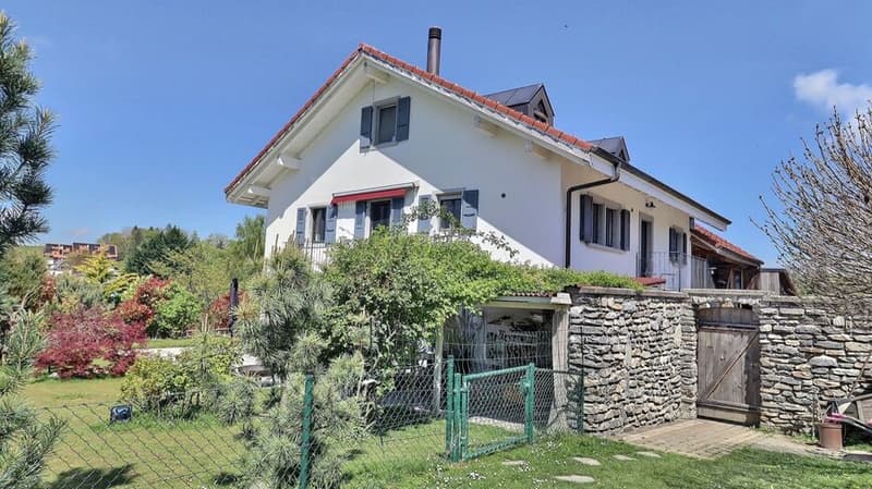 2-storey house, white exterior, red roof, balcony, fireplace, garage