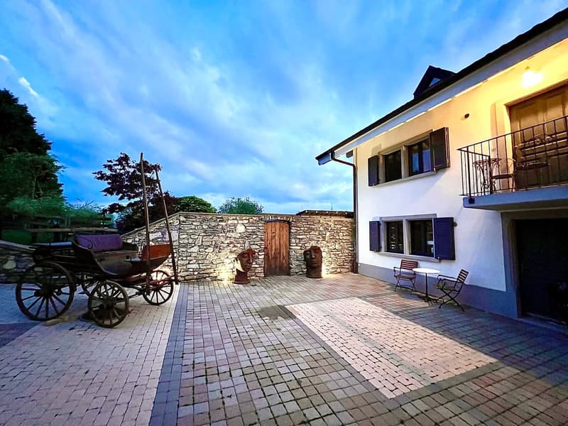 white and grey house, brick wall, wooden carriage, terrace, tables and chairs