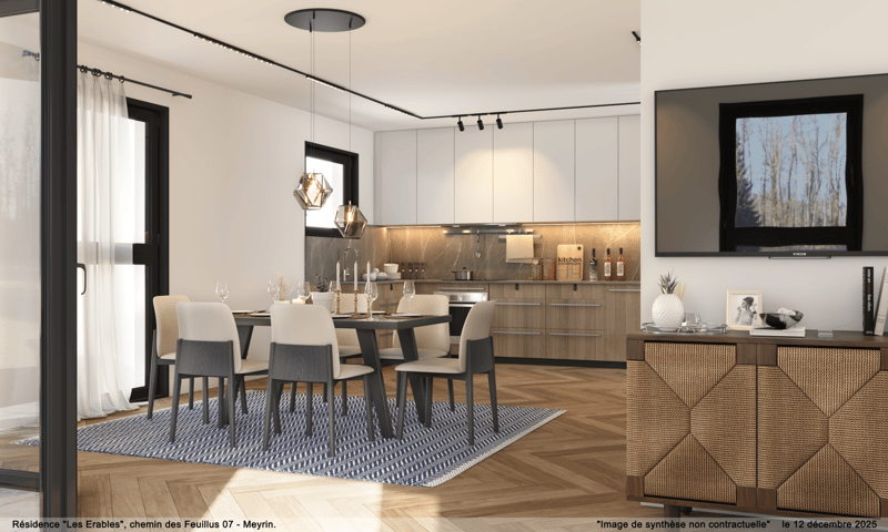 Dining area with a table and chairs, a rug, a TV, a kitchen with cabinets, a countertop, and a sink, a cabinet with a TV, a picture frame, and a bowl, a window with curtains, and a lamp
