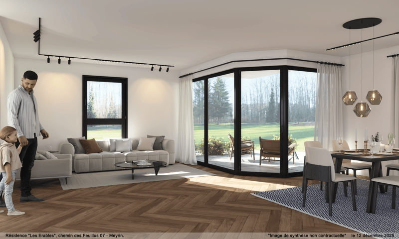 modern living room, large windows, sliding glass doors, wooden floor, white couch, coffee table, dining table, chairs, pendant lights