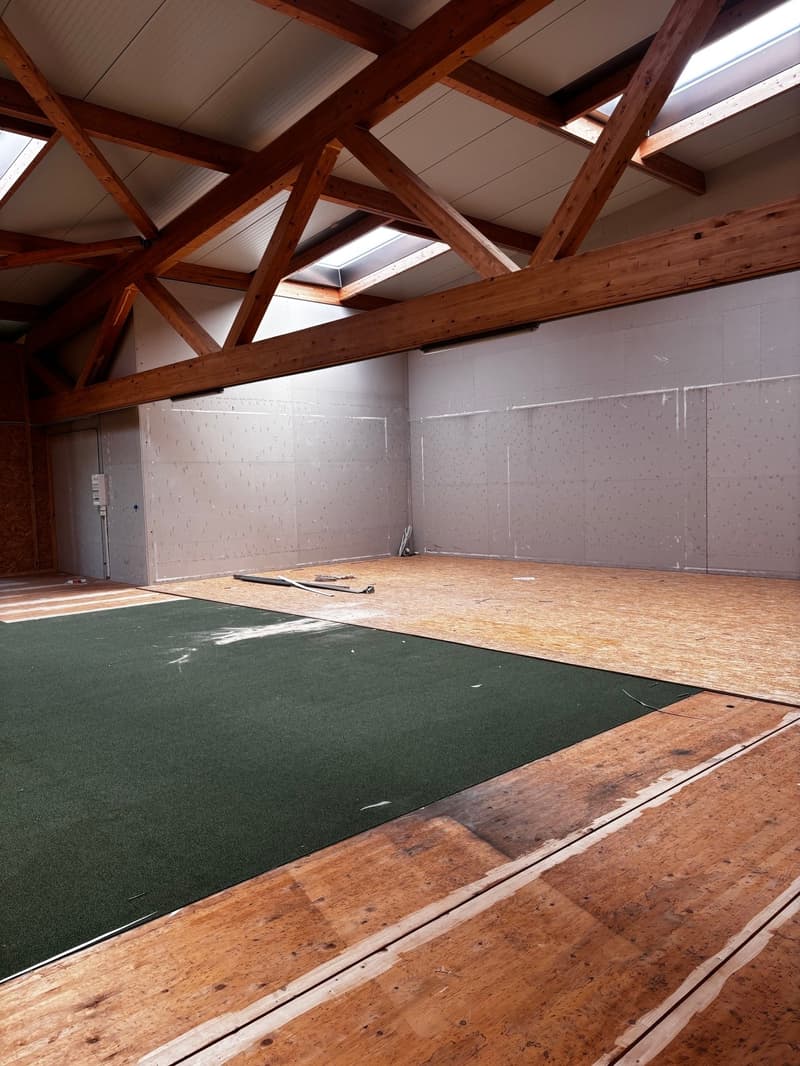 large open space, wooden floor, green carpet, wooden beams, unfinished walls, ceiling lights