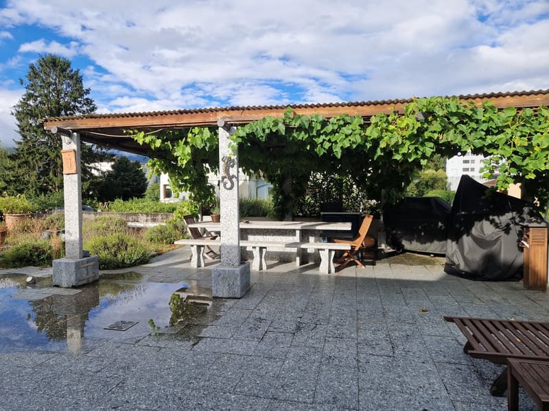 Covered outdoor patio with stone pillars, wooden benches and tables, grapevine-covered trellis, and a fireplace. The patio has a stone tile floor and is surrounded by greenery.