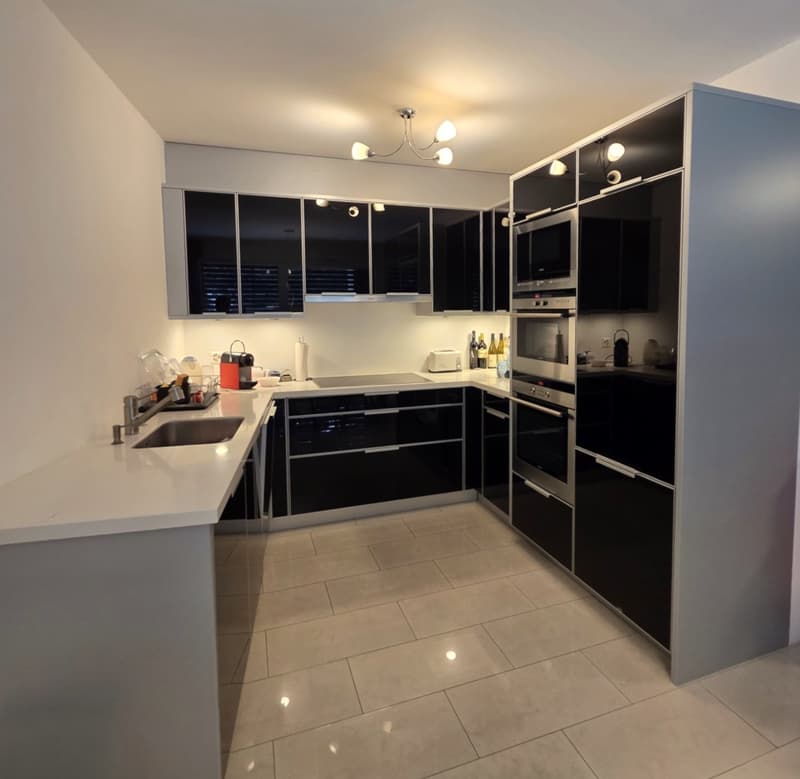 Modern kitchen, white cabinets, stainless steel appliances, granite countertop, ceiling lamp