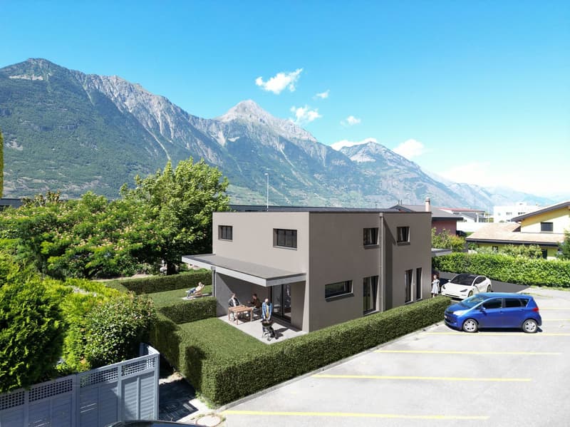 detached house with modern architecture, 2 cars parked in the parking place