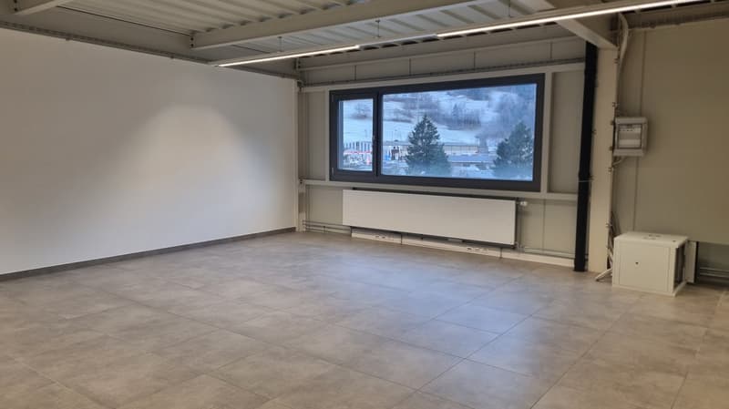 tiled floor, large window, ceiling with integrated lighting