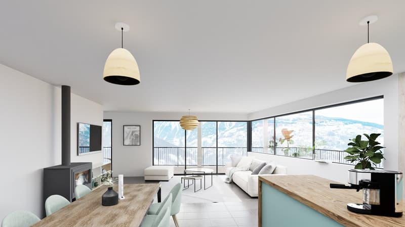 open space, living room and dining area, white walls, large windows, fireplace, couch, dining table, coffee machine, plant